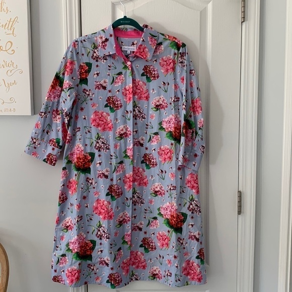 Perlavera size M floral blue pink shirt dress hydrangeas print - Picture 2 of 14